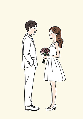 전신 PSD 여자 남자 부케 웨딩드레스 일러스트 신혼부부 웃음 들기 턱시도 성인 두명 마주보기 주머니손 신랑신부 아이보리 성인만 일러캐릭터 캐릭터 부부 드레스 신부_웨딩 컬러 꽃다발 신랑 결혼 모션 표정 사람 정장 신혼 파일형식