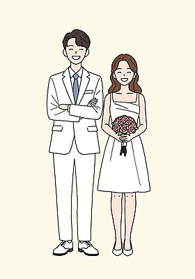전신 PSD 여자 남자 부케 웨딩드레스 일러스트 신혼부부 웃음 들기 턱시도 성인 두명 팔짱 신랑신부 아이보리 성인만 일러캐릭터 캐릭터 부부 드레스 신부_웨딩 컬러 꽃다발 신랑 결혼 모션 표정 사람 정장 신혼 파일형식