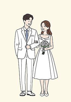전신 PSD 여자 남자 부케 웨딩드레스 일러스트 신혼부부 웃음 들기 턱시도 성인 두명 마주보기 팔짱 주머니손 신랑신부 아이보리 성인만 일러캐릭터 캐릭터 부부 드레스 신부_웨딩 컬러 꽃다발 신랑 결혼 모션 표정 사람 정장 신혼 파일형식