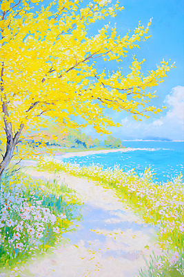 JPG 구름 길 바다 하늘색 일러스트 하늘 그림자 잔디 사람없음 노란색 개나리 유화 국내일러스트 AI일러스트 AI콘텐츠 자연요소 식물 꽃 컬러 미술 파란색 파일형식