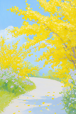 JPG 구름 꽃잎 하늘색 일러스트 하늘 그림자 잔디 사람없음 노란색 개나리 유화 국내일러스트 AI일러스트 AI콘텐츠 자연요소 식물 꽃 컬러 미술 파란색 파일형식