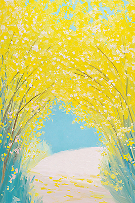 JPG 길 일러스트 그림자 사람없음 노란색 터널 개나리 아치 유화 국내일러스트 AI일러스트 AI콘텐츠 꽃 컬러 미술 파일형식