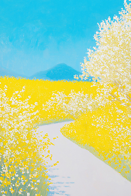 JPG 길 하늘색 일러스트 하늘 산 그림자 사람없음 노란색 개나리 유화 국내일러스트 AI일러스트 AI콘텐츠 꽃 컬러 미술 파란색 파일형식