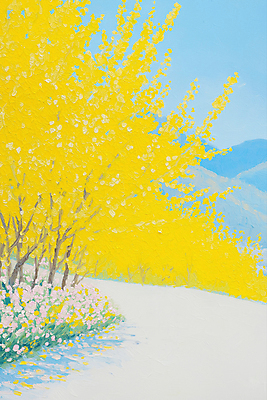 JPG 길 일러스트 하늘 산 그림자 사람없음 노란색 개나리 유화 국내일러스트 AI일러스트 AI콘텐츠 꽃 컬러 미술 파일형식