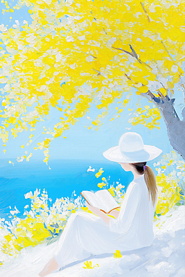 JPG 전신 여자 바다 하늘색 일러스트 하늘 그림자 한명 들기 앉기 성인 독서 노란색 개나리 유화 챙모자 성인여자한명만 수평선 국내일러스트 AI일러스트 AI콘텐츠 모자_잡화 1 꽃 컬러 모션 미술 사람 파란색 여자한명만 성인여자만 파일형식