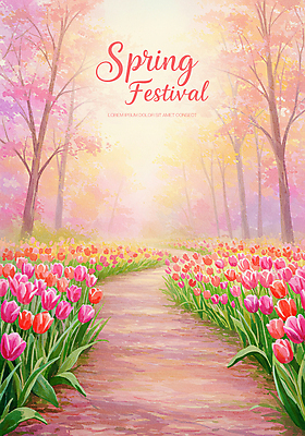 PSD 분홍색 꽃밭 일러스트 봄꽃 사람없음 햇빛 풀 벚나무 숲 숲길 튤립축제 국내일러스트 나무 식물 꽃 길 컬러 태양 축제 봄 튤립 벚꽃 꽃축제 파일형식