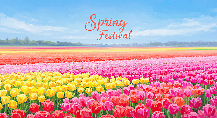 PSD 구름 꽃밭 일러스트 봄꽃 하늘 사람없음 튤립축제 국내일러스트 자연요소 꽃 축제 봄 튤립 꽃축제 파일형식