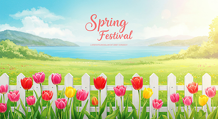 PSD 구름 바다 꽃밭 일러스트 봄꽃 하늘 산 초원 사람없음 햇빛 풀 나무울타리 튤립축제 국내일러스트 자연요소 식물 꽃 울타리 태양 축제 봄 튤립 꽃축제 파일형식