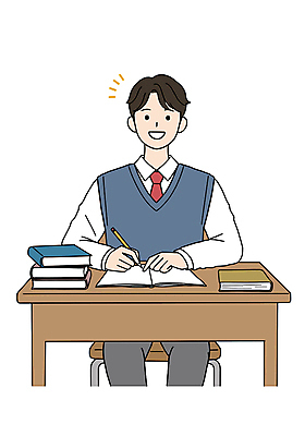 PSD 남자 교복 남학생 의자 일러스트 청소년 한명 미소 앉기 학습 연필 잡기 책상 책더미 십대남자한명만 일러캐릭터 캐릭터 1 학생 옷 교육 가구 모션 학용품 표정 사람 책 필기구 무더기 남자한명만 십대남자만 파일형식