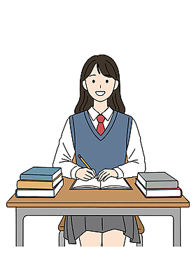 PSD 여학생 여자 교복 의자 일러스트 청소년 한명 미소 앉기 학습 연필 잡기 책상 책더미 십대여자한명만 일러캐릭터 캐릭터 1 학생 옷 교육 가구 모션 학용품 표정 사람 책 필기구 무더기 여자한명만 십대여자만 파일형식