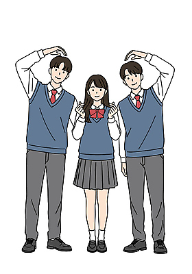 전신 PSD 여학생 여자 남자 교복 남학생 일러스트 청소년 미소 세명 하트 손하트 십대만 일러캐릭터 모양 캐릭터 학생 옷 표정 사람 손짓 파일형식