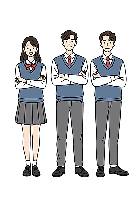 전신 PSD 여학생 여자 남자 교복 남학생 일러스트 청소년 미소 세명 학습 팔짱 십대만 일러캐릭터 캐릭터 학생 옷 교육 모션 표정 사람 파일형식