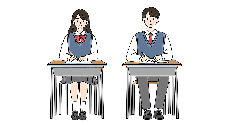 전신 PSD 여학생 여자 남자 교복 남학생 의자 일러스트 청소년 미소 앉기 두명 책 학습 연필 잡기 책상 십대만 일러캐릭터 캐릭터 학생 옷 교육 가구 모션 학용품 표정 사람 필기구 파일형식