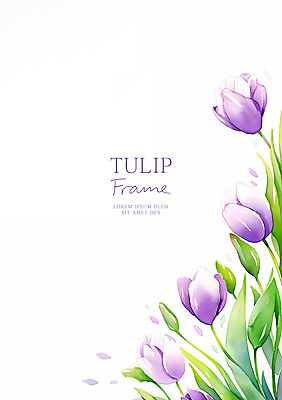 PSD 꽃잎 일러스트 수채화 사람없음 보라색 튤립 풀잎 꽃프레임 카피스페이스 국내일러스트 꽃 컬러 잎 프레임 공백 풀_식물 파일형식