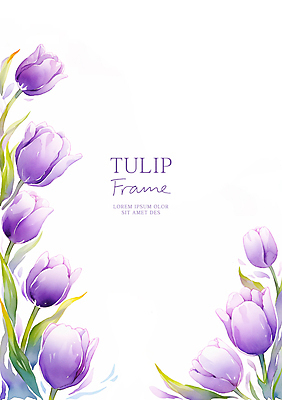 PSD 꽃잎 일러스트 수채화 사람없음 보라색 튤립 풀잎 꽃프레임 카피스페이스 국내일러스트 꽃 컬러 잎 프레임 공백 풀_식물 파일형식