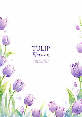 PSD 꽃잎 일러스트 수채화 사람없음 보라색 튤립 풀잎 꽃봉오리 꽃프레임 카피스페이스 국내일러스트 꽃 컬러 잎 프레임 공백 풀_식물 파일형식