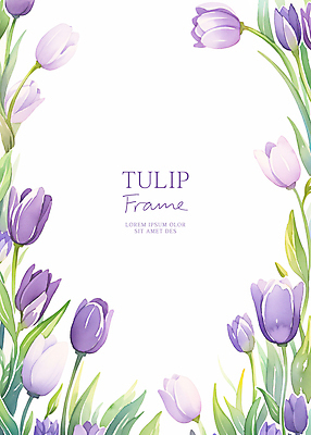 PSD 일러스트 수채화 사람없음 보라색 튤립 풀잎 꽃프레임 카피스페이스 국내일러스트 꽃 컬러 잎 프레임 공백 풀_식물 파일형식