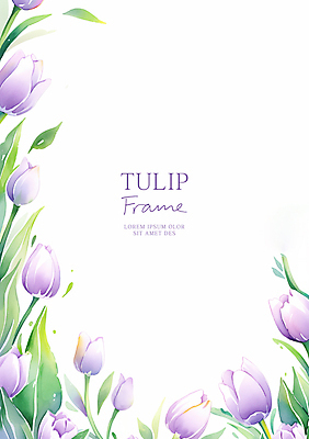 PSD 일러스트 수채화 사람없음 보라색 튤립 풀잎 꽃프레임 카피스페이스 국내일러스트 꽃 컬러 잎 프레임 공백 풀_식물 파일형식