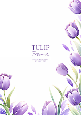 PSD 꽃잎 일러스트 수채화 사람없음 보라색 튤립 풀잎 꽃봉오리 꽃프레임 카피스페이스 국내일러스트 꽃 컬러 잎 프레임 공백 풀_식물 파일형식
