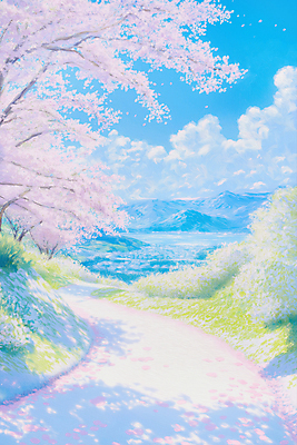 JPG 구름 꽃잎 일러스트 하늘 그림자 사람없음 봄풍경 풀 벚나무 꽃길 유화 산맥 국내일러스트 AI일러스트 AI콘텐츠 자연요소 나무 식물 꽃 길 산 미술 풍경 봄 벚꽃 파일형식