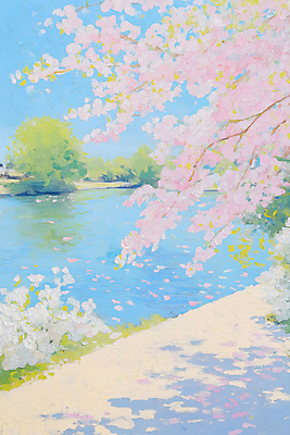 JPG 나무 꽃잎 길 일러스트 하늘 그림자 사람없음 봄풍경 풀 벚나무 강가 유화 국내일러스트 AI일러스트 AI콘텐츠 식물 꽃 미술 풍경 강 봄 벚꽃 파일형식