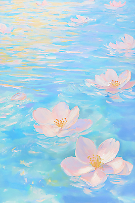 JPG 꽃잎 물결 하늘색 일러스트 사람없음 봄풍경 벚꽃 수면 유화 국내일러스트 AI일러스트 AI콘텐츠 꽃 미술 풍경 물 파란색 봄 파일형식