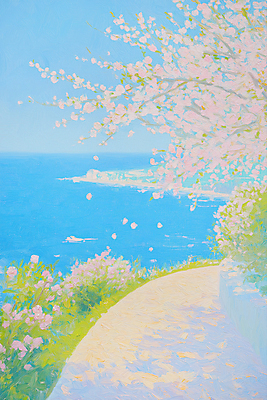 JPG 꽃잎 길 바다 일러스트 하늘 그림자 사람없음 봄풍경 풀 벚나무 유화 국내일러스트 AI일러스트 AI콘텐츠 나무 식물 꽃 미술 풍경 봄 벚꽃 파일형식