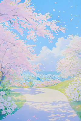 JPG 구름 꽃잎 길 일러스트 하늘 그림자 사람없음 봄풍경 풀 벚나무 유화 국내일러스트 AI일러스트 AI콘텐츠 자연요소 나무 식물 꽃 미술 풍경 봄 벚꽃 파일형식