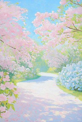 JPG 꽃잎 길 일러스트 하늘 그림자 사람없음 봄풍경 풀 벚나무 유화 국내일러스트 AI일러스트 AI콘텐츠 나무 식물 꽃 미술 풍경 봄 벚꽃 파일형식