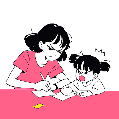 여자 교육 종이 어린이 분홍색 일러스트 탁자 모녀 스트레스 소녀 상반신 성인 두명 학습 연필 잡기 찡그림 여자만 국내일러스트 AI파일 딸 컬러 가구 가족 모션 엄마 학용품 표정 사람 필기구 파일형식 벡터