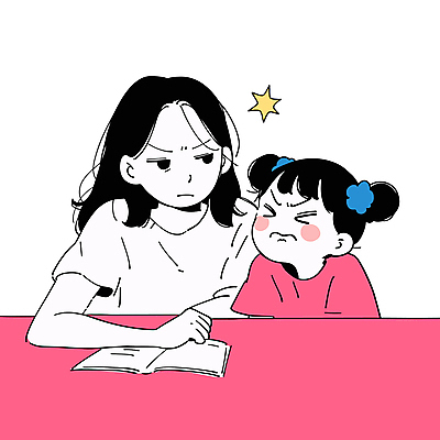 여자 교육 어린이 분홍색 일러스트 탁자 모녀 스트레스 소녀 상반신 성인 두명 책 학습 연필 잡기 찡그림 여자만 못마땅 국내일러스트 AI파일 딸 감정 컬러 가구 가족 모션 엄마 학용품 표정 사람 필기구 파일형식 벡터