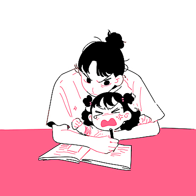 여자 교육 어린이 분홍색 일러스트 안기 탁자 모녀 스트레스 소녀 상반신 성인 두명 책 학습 연필 손들기 분노 잡기 찡그림 울음 여자만 국내일러스트 AI파일 딸 감정 컬러 가구 가족 모션 엄마 학용품 표정 사람 필기구 파일형식 벡터
