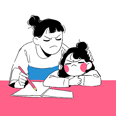 여자 교육 어린이 분홍색 일러스트 탁자 모녀 스트레스 소녀 상반신 성인 두명 책 학습 연필 잡기 찡그림 여자만 쓰다듬기 국내일러스트 AI파일 딸 컬러 가구 가족 모션 엄마 학용품 표정 사람 필기구 파일형식 벡터