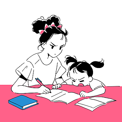 여자 교육 어린이 분홍색 일러스트 탁자 모녀 스트레스 소녀 상반신 성인 두명 책 학습 펜 짜증 잡기 찡그림 여자만 국내일러스트 AI파일 딸 감정 컬러 가구 가족 모션 엄마 표정 사람 필기구 파일형식 벡터