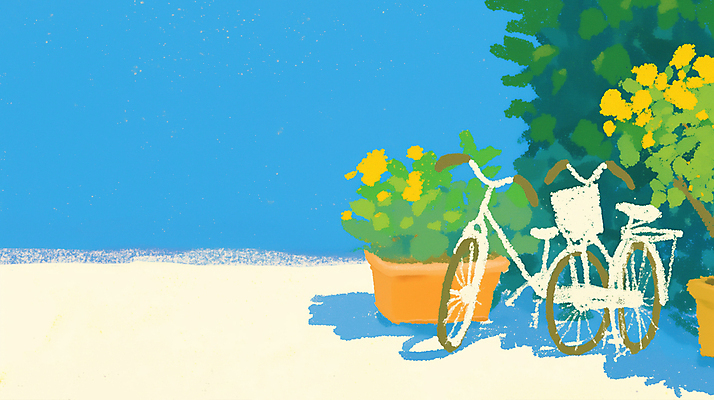 JPG 꽃 화분 하늘색 일러스트 그림자 풍경 사람없음 자전거 풀 국내일러스트 AI일러스트 AI콘텐츠 식물 파란색 바이크 파일형식