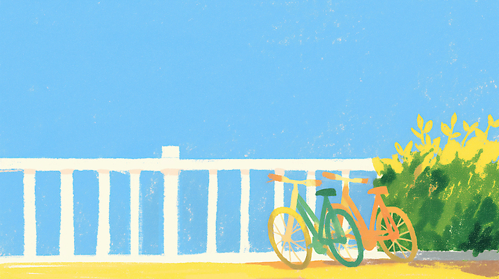 JPG 꽃 하늘색 일러스트 그림자 풍경 사람없음 울타리 자전거 풀 국내일러스트 AI일러스트 AI콘텐츠 식물 파란색 담장 바이크 파일형식
