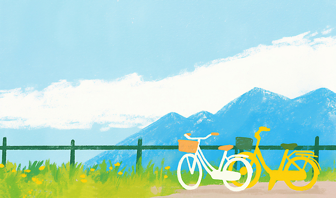 JPG 구름 하늘색 일러스트 하늘 풍경 사람없음 울타리 자전거 풀 산맥 국내일러스트 AI일러스트 AI콘텐츠 자연요소 식물 산 파란색 담장 바이크 파일형식