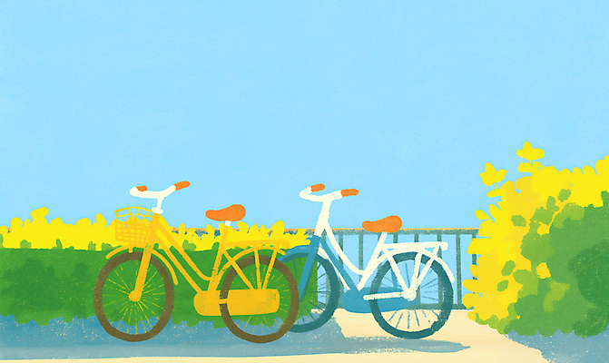 JPG 하늘색 일러스트 그림자 풍경 사람없음 울타리 자전거 풀 국내일러스트 AI일러스트 AI콘텐츠 식물 파란색 담장 바이크 파일형식