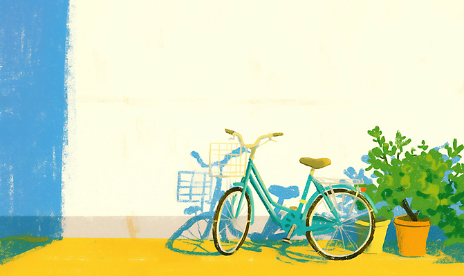 JPG 식물 화분 벽 일러스트 그림자 풍경 사람없음 자전거 아이보리 국내일러스트 AI일러스트 AI콘텐츠 컬러 바이크 파일형식