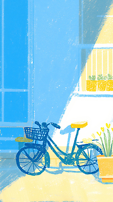 JPG 꽃 화분 하늘색 일러스트 창문 그림자 풍경 사람없음 자전거 풀 국내일러스트 AI일러스트 AI콘텐츠 식물 파란색 바이크 파일형식