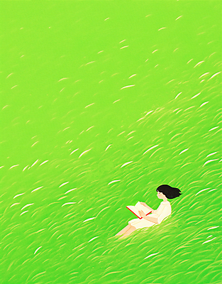 JPG 전신 여자 어린이 일러스트 휴식 한명 들기 앉기 소녀 잔디 초원 책 연두색 독서 평화 눈감음 소녀한명만 국내일러스트 AI일러스트 AI콘텐츠 식물 1 컨셉 모션 사람 초록색 여자한명만 소녀만 파일형식