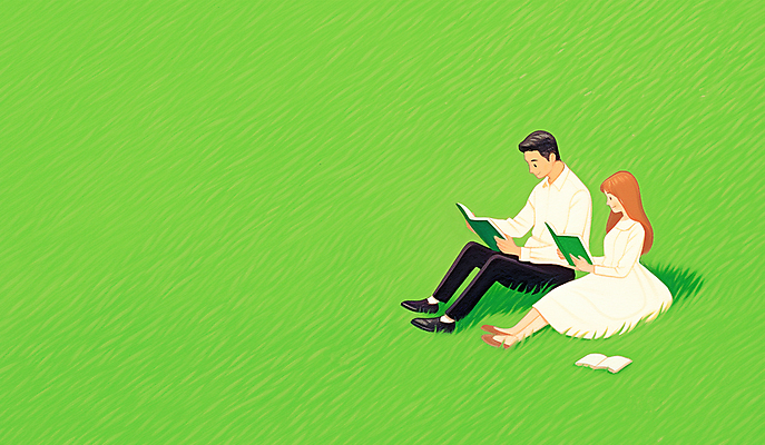 JPG 전신 여자 남자 일러스트 휴식 들기 앉기 잔디 초원 성인 두명 책 연두색 독서 평화 성인만 국내일러스트 AI일러스트 AI콘텐츠 식물 컨셉 모션 사람 초록색 파일형식