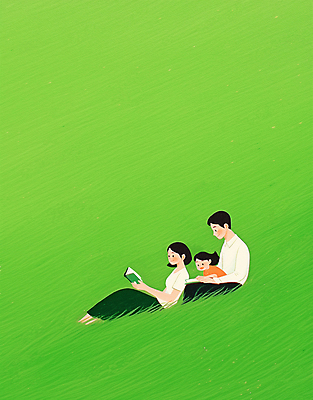 JPG 전신 여자 남자 어린이 일러스트 가족 휴식 들기 앉기 소녀 잔디 초원 성인 책 세명 연두색 독서 평화 국내일러스트 AI일러스트 AI콘텐츠 식물 컨셉 관계 모션 사람 초록색 파일형식