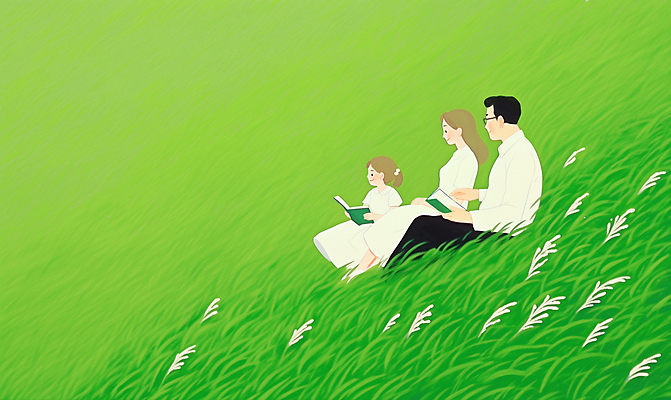 JPG 전신 여자 남자 어린이 일러스트 가족 휴식 갈대 들기 앉기 소녀 초원 성인 책 세명 연두색 독서 평화 국내일러스트 AI일러스트 AI콘텐츠 식물 컨셉 관계 모션 사람 초록색 파일형식