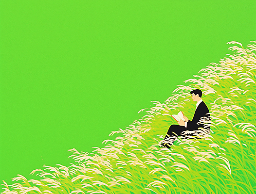 JPG 전신 남자 일러스트 휴식 한명 들기 앉기 초원 성인 책 연두색 독서 평화 억새밭 성인남자한명만 국내일러스트 AI일러스트 AI콘텐츠 1 컨셉 모션 사람 초록색 억새 남자한명만 성인남자만 파일형식