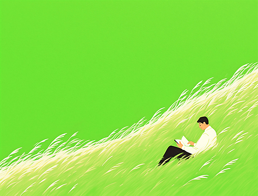 JPG 전신 남자 일러스트 휴식 한명 들기 앉기 초원 성인 책 연두색 독서 평화 억새밭 성인남자한명만 국내일러스트 AI일러스트 AI콘텐츠 1 컨셉 모션 사람 초록색 억새 남자한명만 성인남자만 파일형식