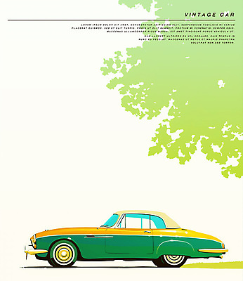 PSD 나무 일러스트 사람없음 초록색 빈티지 복고 판화 클래식자동차 뉴트로 국내일러스트 식물 컬러 컨셉 자동차 미술 파일형식