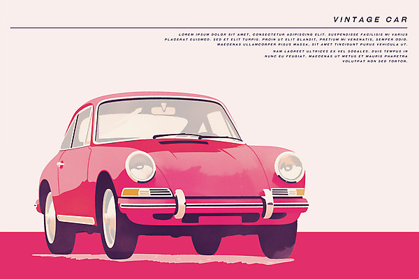 PSD 분홍색 일러스트 사람없음 빈티지 복고 판화 클래식자동차 뉴트로 국내일러스트 컬러 컨셉 자동차 미술 파일형식