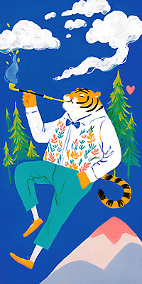 JPG 나무 구름 일러스트 들기 사람없음 파란색 하트 호랑이 연기 주머니손 담뱃대 산맥 국내일러스트 AI일러스트 AI콘텐츠 자연요소 모양 식물 컬러 포유류 모션 산 담배 파일형식