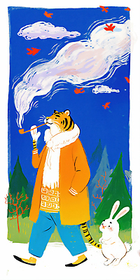 JPG 나무 구름 일러스트 들기 사람없음 파란색 토끼 호랑이 연기 주머니손 새떼 담뱃대 국내일러스트 AI일러스트 AI콘텐츠 자연요소 식물 컬러 포유류 모션 조류 담배 반려동물 파일형식